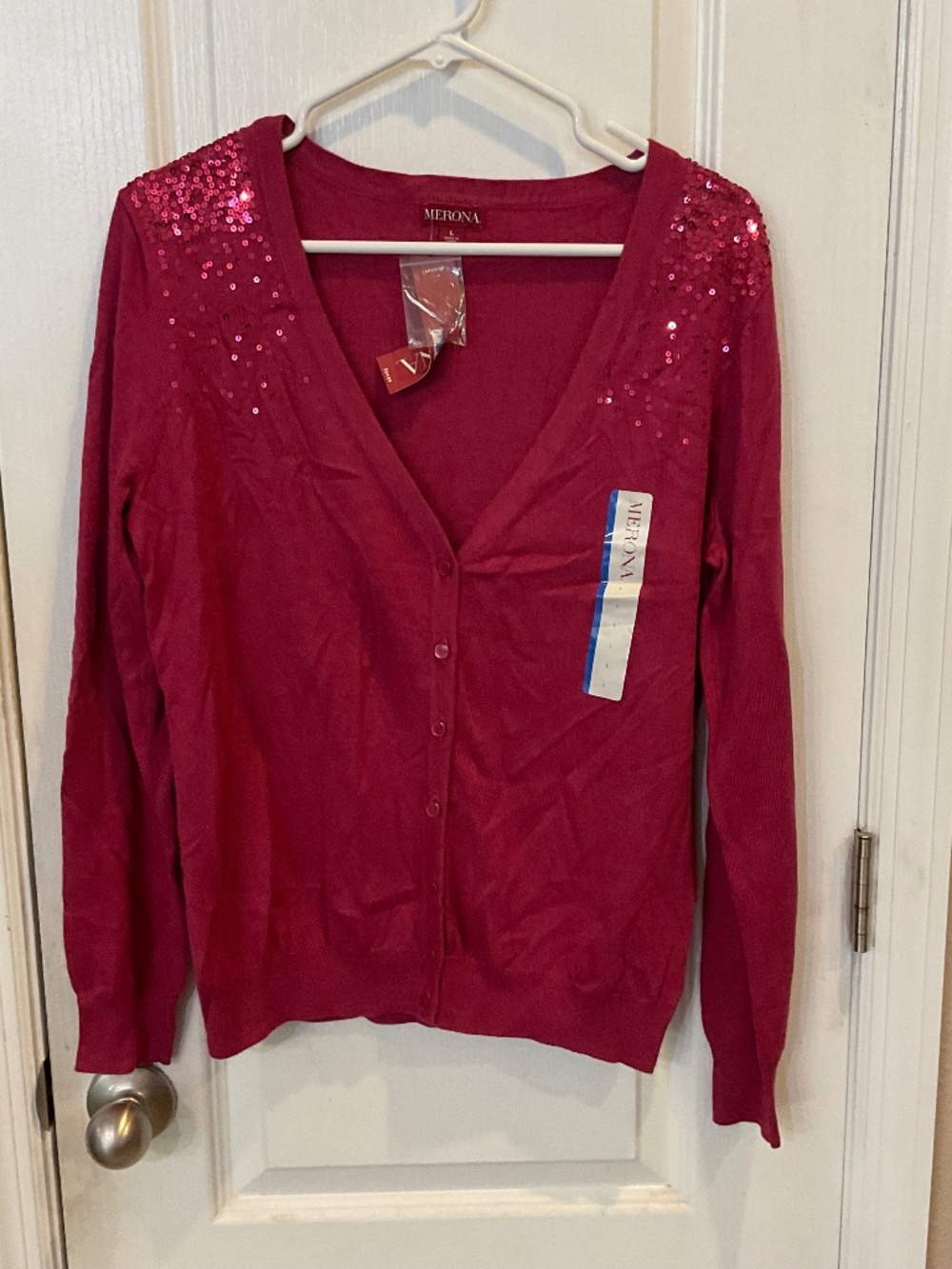 Merona Hot Pink Long Sleeve Cardigan Sweater with Sequins - Large - NWT